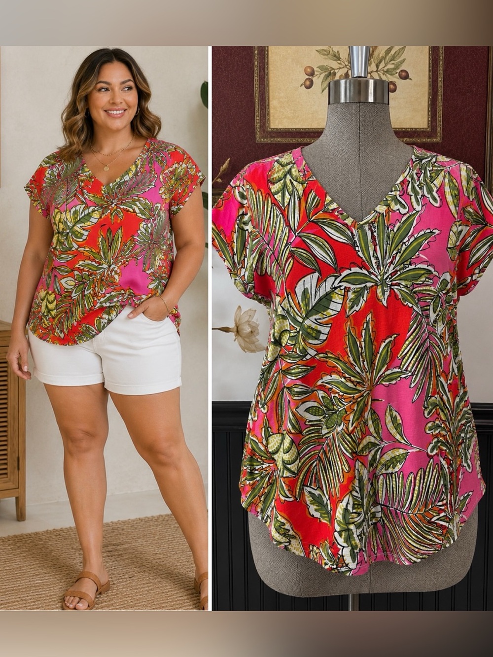 C&C California Tropical Leaf Print Cotton V Neck Top Size 2X 💚🍄